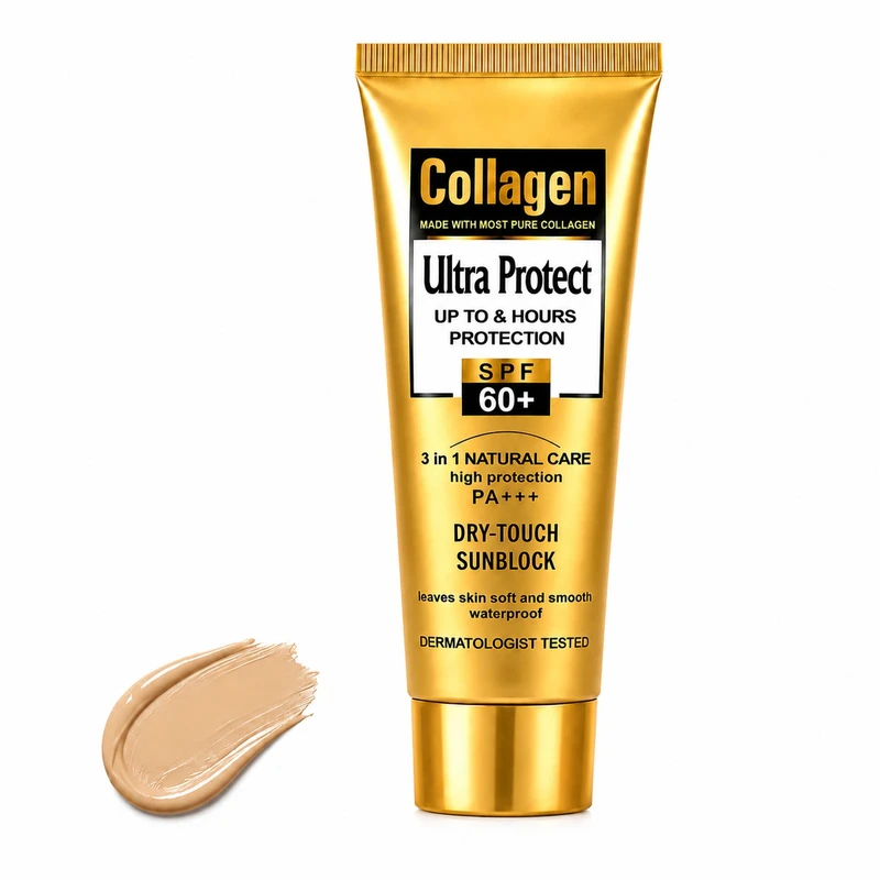 کرم ضد آفتاب رنگی کلاژن SPF60 مناسب دست و صورت مدل Ultra Protect محافظت کننده در برابر اشعه UVA و UVB مناسب برای انواع پوست حجم 100 میلی لیتر