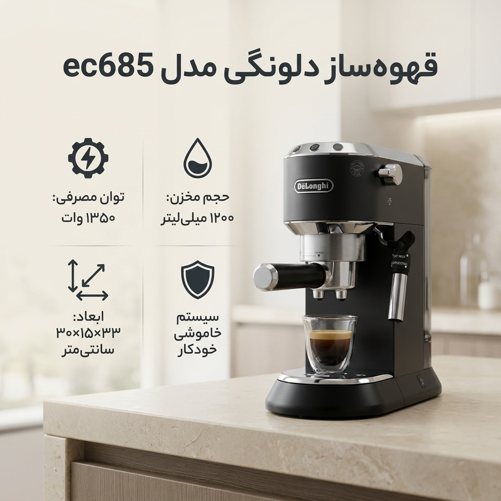 قهوهساز دلونگی مدل ec685، با فیلتر دائمی، دارای کف ساز شیر، سیستم گرم کردن فنجان و صفحه گرم نگهدارنده قهوه