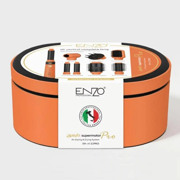 سشوار برس دار حالت دهنده انزو پروفیشینال مدل EN-4133 PRO با توان 1500 وات، موتور DC، تنظیمات دما سه حالته، تنظیم سرعت دو سرعته، فرکنندگی، صافکنندگی، خشککنندگی قوی، حجمدهندگی، همراه با سری شانهدار